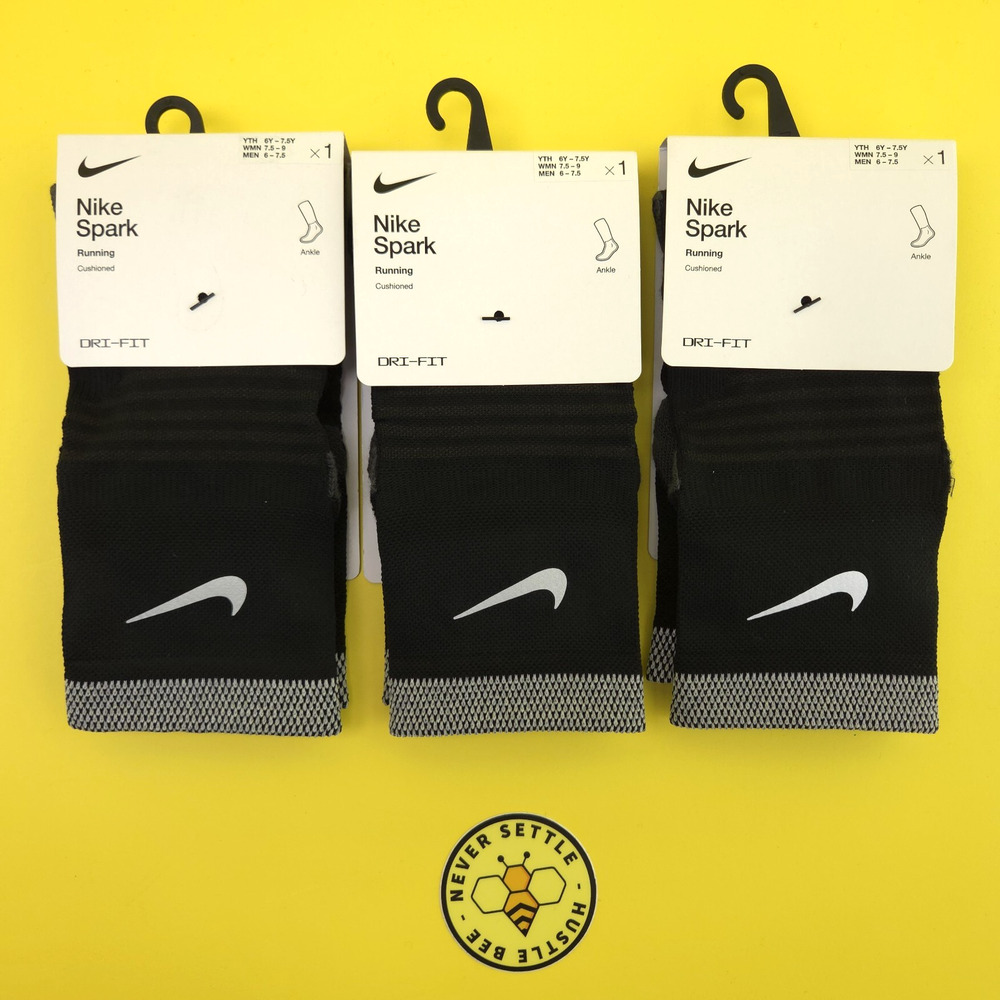 3 Pack Nike Spark Running Socks 7.5-9 Womens 6Y - 7.5Y Black Cushioned Ankle